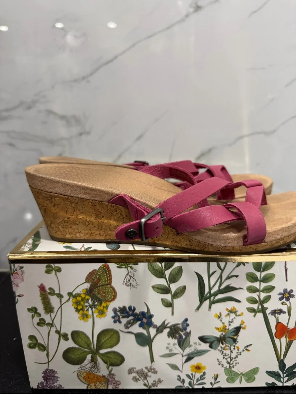 UGG Pink Cork Wedge Sandals with Buckle Strap